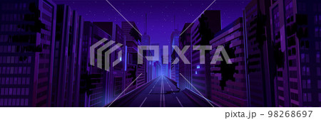 City street with broken buildings and ruins 98268697