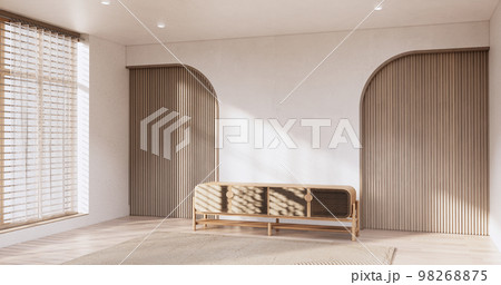 Cabinet wooden japandi design on living room muji style empty wall background. 98268875