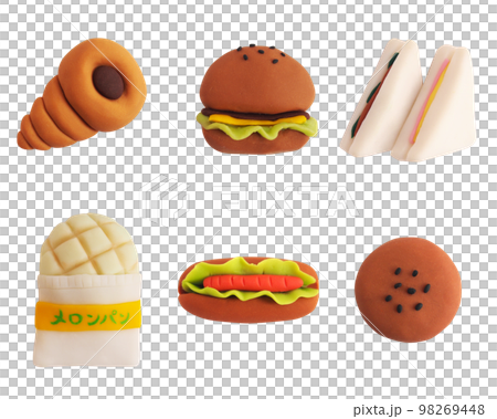 一套 6 個不同的麵包(3D 粘土插圖) 一套 6 個不同的麵包(3D 粘土插圖) 98269448