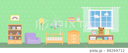 Nursery with window, furniture and toys on green background 98269712