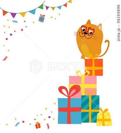 Funny cartoon cat on the mountain of gifts for birthday invitation Funny cartoon cat on the mountain of gifts for birthday invitation 98269896