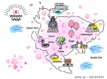春の佐賀県の観光地のシンプル線画イラストマップ（ピンク） 98269985