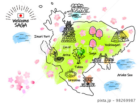 春の石川県の観光地のシンプル線画イラストマップ 春の石川県の観光地のシンプル線画イラストマップ 98269987