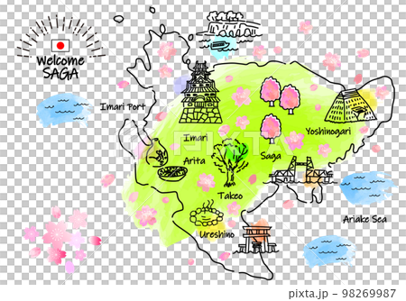 春の石川県の観光地のシンプル線画イラストマップ 春の石川県の観光地のシンプル線画イラストマップ 98269987