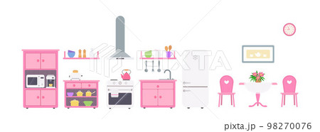 Pink kitchen with utensils, kitchen appliances and dining table on white background 98270076