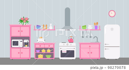 Pink kitchen with utensils and kitchen appliances. Doll house interior concept Pink kitchen with utensils and kitchen appliances. Doll house interior concept 98270078