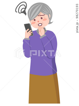 スマホを持って困っているシニア女性 スマホを持って困っているシニア女性 98270193