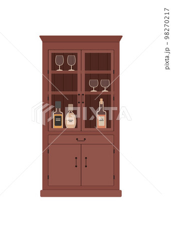 Mahogany wine cabinet with glasses and bottles, isolated on white background 98270217