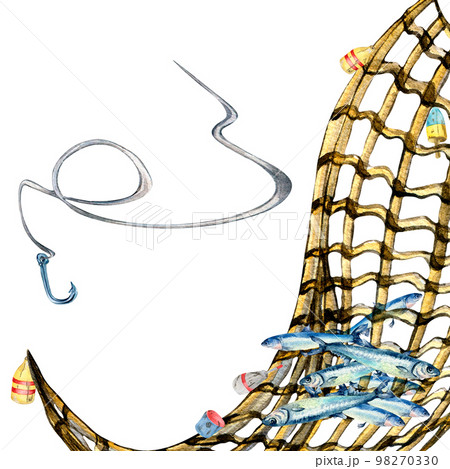Composition of anchovies and fishnet watercolor illustration isolated on white. 98270330
