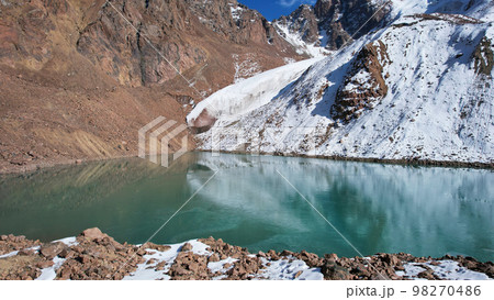 A mountain lake with emerald water is like mirror A mountain lake with emerald water is like mirror 98270486