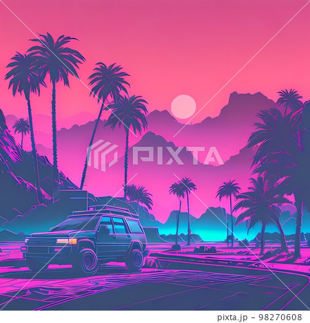 a car parked in front of a cactus tree in a desert landscape with a pink and purple sky and mountains AI a car parked in front of a cactus tree in a desert landscape with a pink and purple sky and mountains AI 98270608