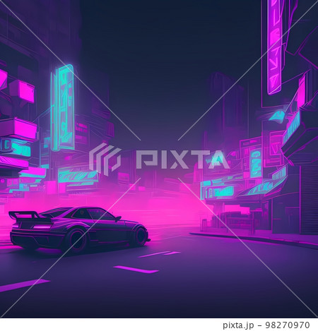 a car driving down a city street at night with neon lights on the buildings and buildings in the background 98270970