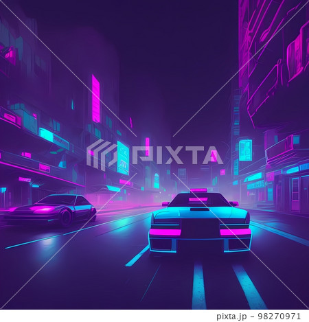 a car driving down a city street at night with neon lights on the buildings and buildings in the background a car driving down a city street at night with neon lights on the buildings and buildings in the background 98270971