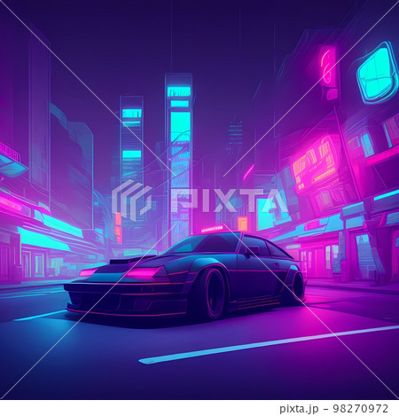 a car driving down a city street at night with neon lights on the buildings and buildings in the background a car driving down a city street at night with neon lights on the buildings and buildings in the background 98270972