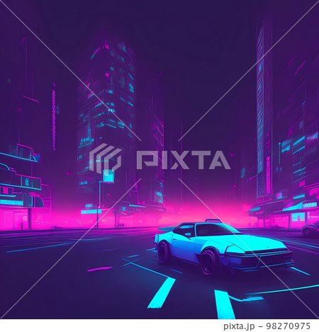 a car driving down a city street in the neon light of the night time, with a futuristic city in the background a car driving down a city street in the neon light of the night time, with a futuristic city in the background 98270975