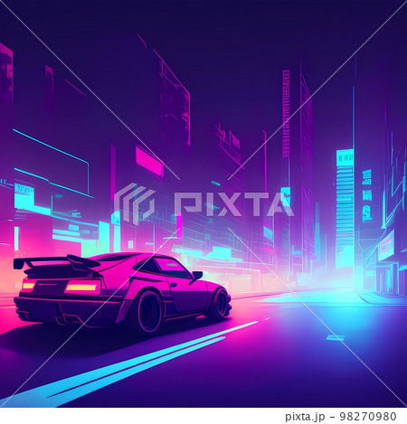 a car driving down a city street in the neon light of the night time, with a futuristic city in the background 98270980
