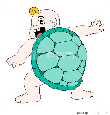 baby boy is acting funny wearing tortoise shell costume 98272007