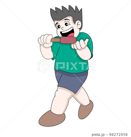 fat boy is walking while eating corndog fat boy is walking while eating corndog 98272056