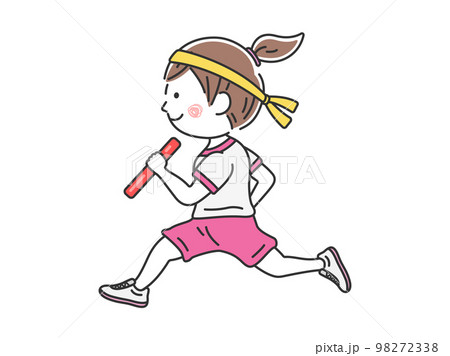 運動会のリレーで、バトンを持って走る、女の子のイラスト 98272338