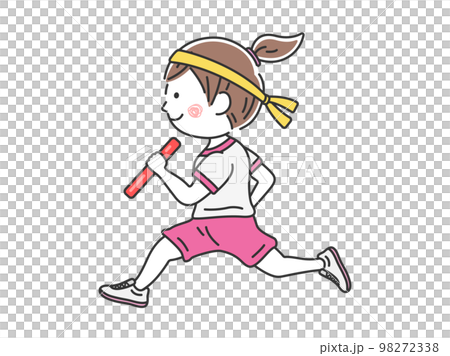 運動会のリレーで、バトンを持って走る、女の子のイラスト 98272338