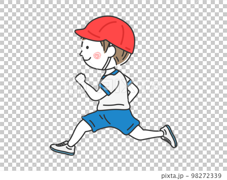 赤白帽子をかぶって走る、男の子のイラスト 98272339