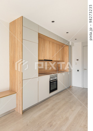Contemporary minimal kitchen at empty refurbished apartment. Wooden furniture and modern appliances 98273235