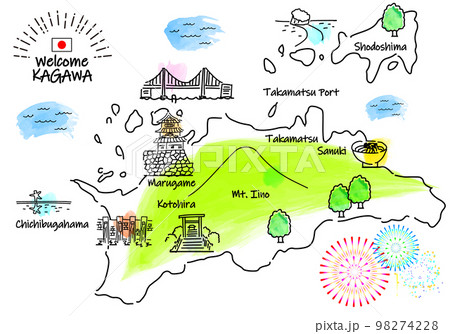 香川県の観光地のシンプル線画イラストマップ 98274228