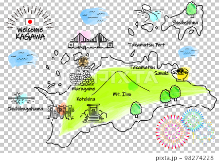 香川県の観光地のシンプル線画イラストマップ 98274228
