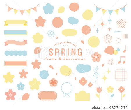 春のフレーム＆飾りイラストのセット　桜　装飾　リボン　枠　かわいい　シンプル　吹き出し　花　素材 98274252