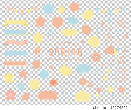 春のフレーム＆飾りイラストのセット　桜　装飾　リボン　枠　かわいい　シンプル　吹き出し　花　素材 98274252