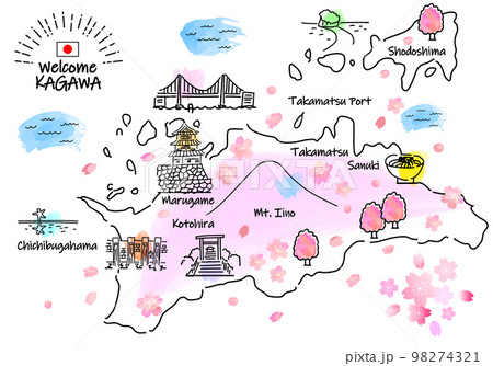 春の香川県の観光地のシンプル線画イラストマップ（ピンク） 98274321