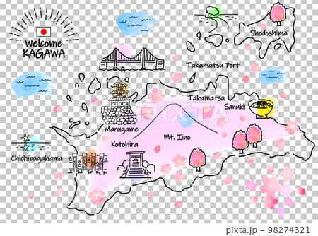 春の香川県の観光地のシンプル線画イラストマップ（ピンク） 98274321