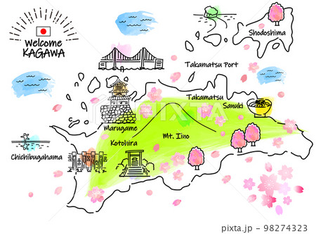 春の香川県の観光地のシンプル線画イラストマップ