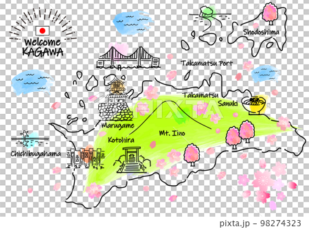 春の香川県の観光地のシンプル線画イラストマップ 春の香川県の観光地のシンプル線画イラストマップ 98274323