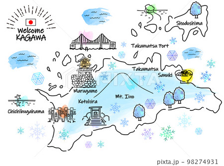 冬の香川県の観光地のシンプル線画イラストマップ 98274931