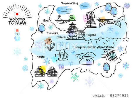 冬の富山県の観光地のシンプル線画イラストマップ 98274932