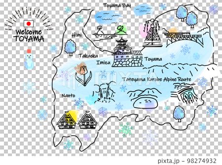 冬の富山県の観光地のシンプル線画イラストマップ 98274932