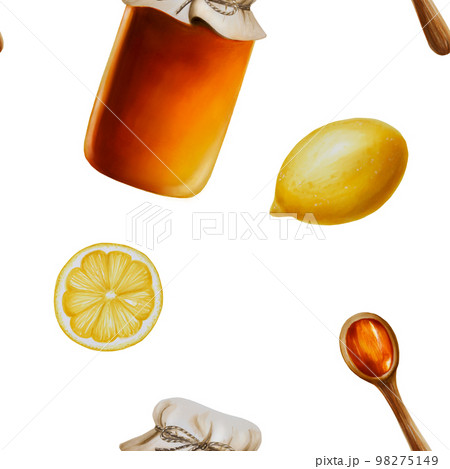 Watercolor seamless pattern with amber linden honey jars with lemon. Wooden spoon with honey. Honey flowing from a stick. Hand drawn immunity strengthening vitamins illustration 98275149