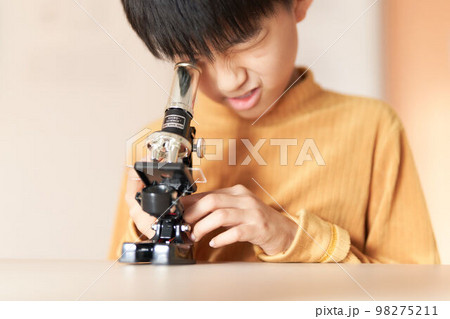 顕微鏡を覗く男子小学生　ライフスタイル　イメージ 98275211