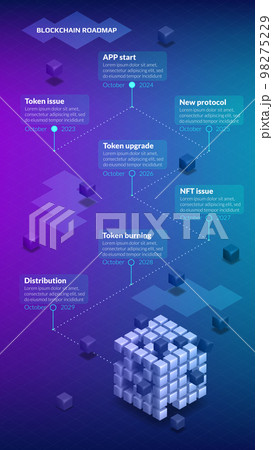 Isometric roadmap with many steps for blockchain or cryptocurrency project with big and small cubes on purple blue background. Vertical infographic timeline template for presentation. 98275229