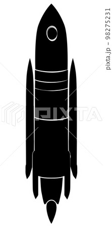 Black silhouette of spaceship with flames isolated on white. Design element. 98275231