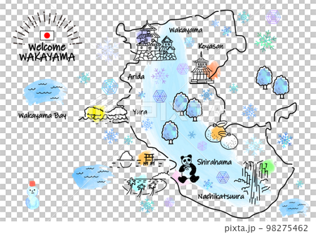 冬の和歌山県の観光地のシンプル線画イラストマップ 冬の和歌山県の観光地のシンプル線画イラストマップ 98275462