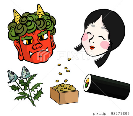 手描きの赤鬼とおたふく　節分の小物 98275895