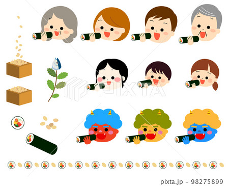 恵方巻きを食べる家族と鬼とおたふく 98275899