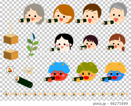 恵方巻きを食べる家族と鬼とおたふく 98275899