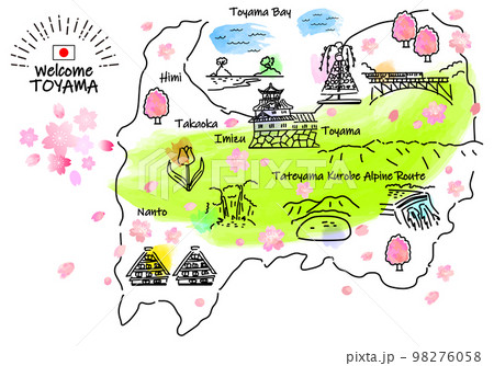 春の富山県の観光地のシンプル線画イラストマップ 春の富山県の観光地のシンプル線画イラストマップ 98276058