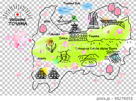 春の富山県の観光地のシンプル線画イラストマップ 春の富山県の観光地のシンプル線画イラストマップ 98276058