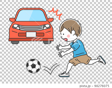 サッカーボールを追いかけて、道路に飛び出す、男の子のイラスト 98276075