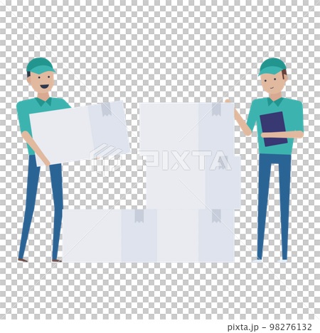 Illustration material of two workers counting and carrying cardboard boxes 98276132