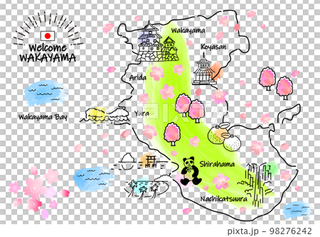 春の和歌山県の観光地のシンプル線画イラストマップ（ピンク） 98276242